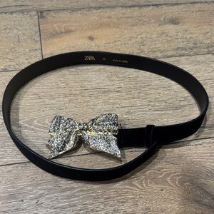 Zara Elegant Black Belt with Glittering Gold Bow